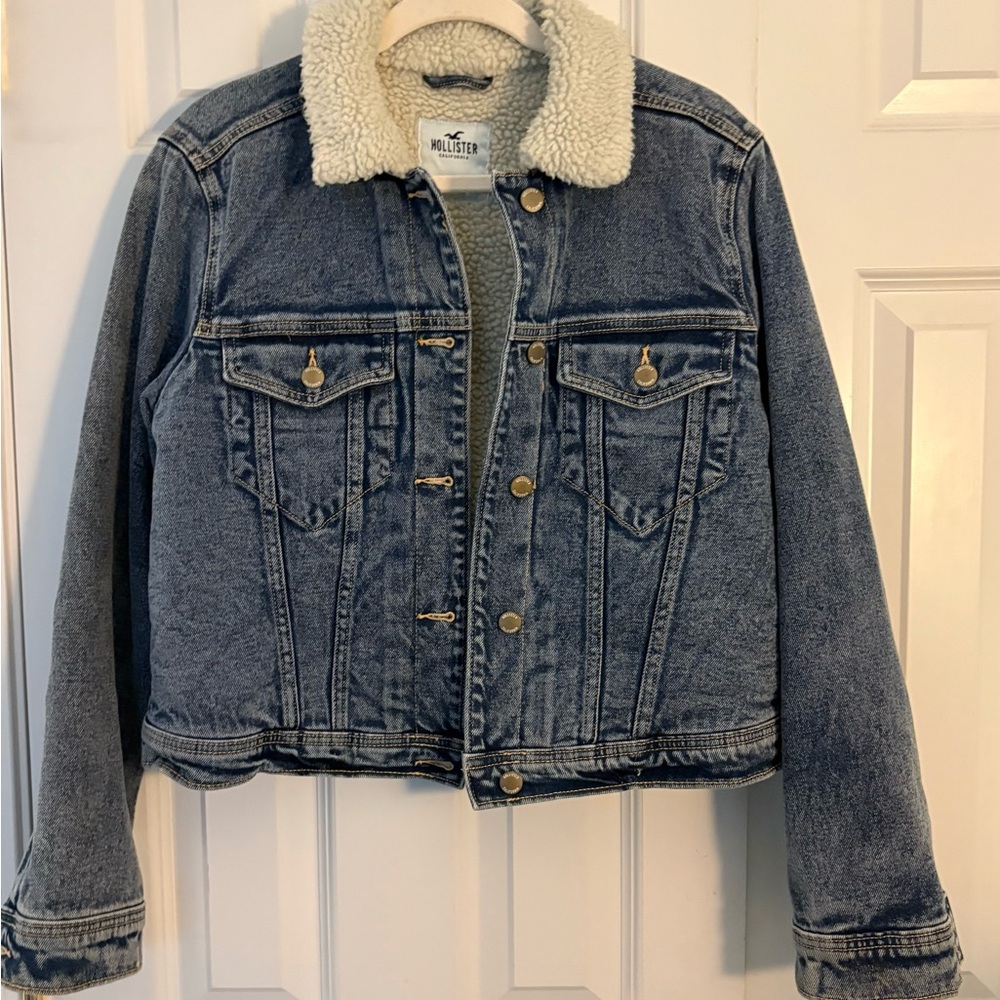 Hollister Blue and White Sherpa-Lined Jean Jacket